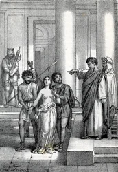 Inés de Roma llevada desnuda por las calles a un burdel Dibujo de "Misteri del Vaticano" de Franco Mistrali