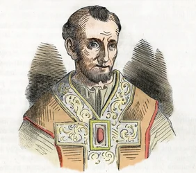 Edad Media: representación del Papa Nicolás I el Grande (Nicola I, Nicholas o Nicolo o Niccolo o Nicolaus) (858-867) dibujo de "I misteri del vaticano" de Franco Mistrali 1843