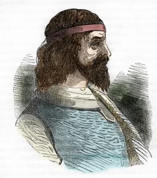Retrato de Odoacre (Odovacar), jefe de los aliados de Herules en los hunos y ministro de Atila (435-493) (Odoacer o Flavius Odovacer) dibujo de "I misteri del vaticano" de Franco Mistrali 1843