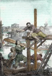 Refugiados cazados por los hunos de Atila instalan los cimientos de la ciudad de Venecia, siglo V (Fundación de Venecia por los refugiados cazados por los bárbaros de Atila, siglo V) Dibujo de "I misteri del vaticano" de Franco Mistrali 1846