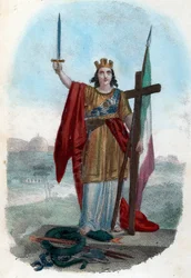 Risorgimento: Representación alegórica de la Italia triunfante de pie sobre la serpiente de la iglesia corrompida y levantando una espada con una cruz y una bandera, símbolos del risorgimento político, religioso y civil) Frontispice tire de "I misteri del 