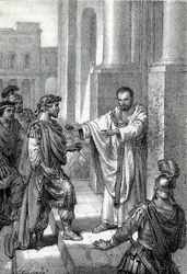 El arzobispo San Ambrosio de Milán (Aurelius Ambrosius, Ambrogio di Milano (340-397) prohibió la entrada de la iglesia al emperador romano Teodosio I (Flavius Theodosius) (347-395) para castigarlo por la masacre de Tesalónica en 390 - Excommunicati