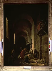 ""El pintor Jacques Stella (1596-1657) en prisión"" (El pintor Jacques Stella en prisión). Ilustración de ""Entrevistas sobre la vida y obra de los más excelentes pintores antiguos y modernos"" de Andre Felibien. Pintura de François Granet (1775