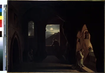 "Monks in a Cave" (Monjes en una cueva) Pintura de Francois Marius Granet (1775-1849) Principios del siglo XIX Dim. 74,5x100 cm Museo del Hermitage, San Petersburgo