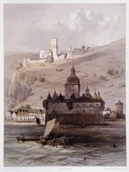Chateau a Pfalz, Alemania. En "El monumental y pintoresco Rin". Litografías de Fourmais y Stroobant