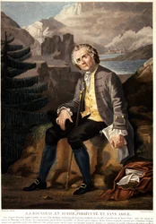 Jean Jacques Rousseau en Suiza, perseguido y sin asilo. Aguatinta por Charon d