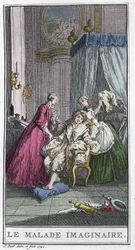 El paciente imaginario. Obra de teatro de Jean Baptiste Poquelin dit Moliere (1622-1673). Grabado en “Le malade imaginaire” por T. de Mare d