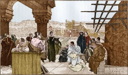 Pierre Abelard o Abailard (1079-1142), filósofo y teólogo francés y su escuela en la montaña Sainte Geneviève. Del fresco de François Flameng.
