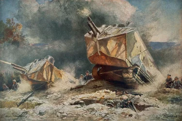 Tanque francés de la Primera Guerra Mundial tipo St Chamond avanzando sobre las posiciones alemanas