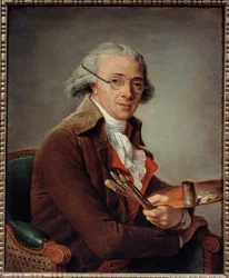 Retrato del pintor François André Vincent. El artista sostiene su paleta y lleva gafas. Pintura de Adelaide Labille Guiard, siglo XVIII