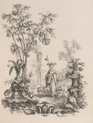Joven china caminando, rodeada de sus ovejas, ca. 1740-50