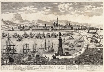 Vista de la ciudad y el puerto de Barcelona en el siglo XVIII. Grabado de François Antoine Aveline. Barcelona, Museu d