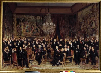 Noche en el Louvre con el Conde de Nieuwerkerke. Entre los presentes: François Marcellin Certain de Canrobert (1809-1895), Eugène Delacroix (1798-1863), Camille Doucet (1812-1895), Jacques Fromental Lévy, conocido como Halévy (1799-1862), Barón Georges Hau