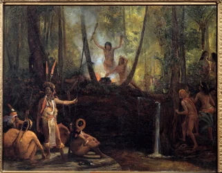 La fabricación de curare en el bosque brasileño. Extracción de curare, una sustancia obtenida de las lianas de árboles amazónicos que provoca parálisis. Pintura de François Auguste Biard (1799-1882), siglo XIX. La Rochelle, Musée du Nouveau Monde