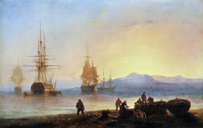 Hermanas y barcos en el Mediterráneo. Pintura de François Pierre BARRY (1813-1905). Óleo sobre lienzo. Medidas: 29,5x46cm. Mención obligatoria: Colección fondation regards de Provence, Marsella