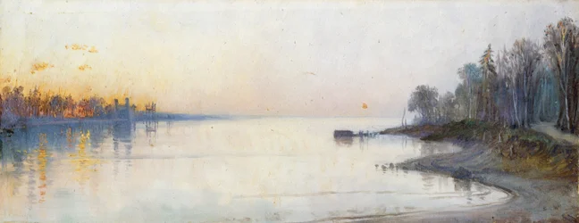 Amplio río tranquilo al atardecer, paisaje del Nilo