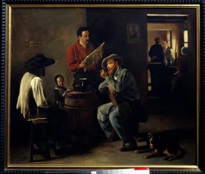 Interior de cabaret Dos hombres sentados en una taberna escuchan la lectura del periódico