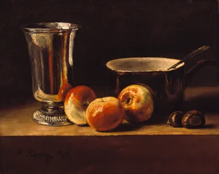 Bodegón con manzanas y copa de plata