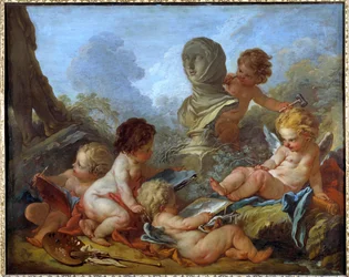 Alegoría de las Artes Cinco pequeños amores asociados con diferentes artes (escultura, pintura...)