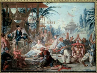 Chinoiserie: Danza china. Escena de entretenimiento en la corte imperial con músicos y bailarines