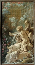 Panel de puerta del salón Demarteau: fuente con dos amores, uno de los cuales está acostado