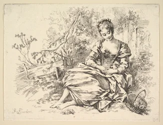 Niña en un paisaje con una cesta de flores