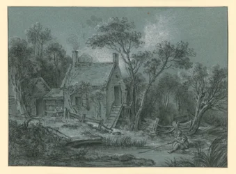 Casa con una escalera entre los árboles; delante, un pescador