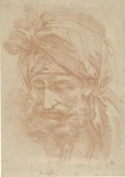 Cabeza de un oriental con barba y turbante, vista de frente, mirando hacia abajo