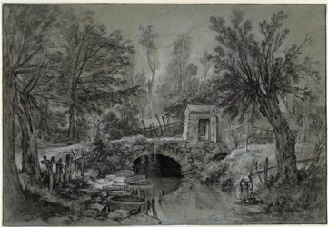 Paisaje con un arroyo y un puente