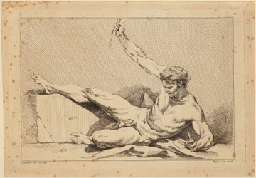 «Desnudo masculino recostado, lámina 10 de "Segundo libro de figuras de las Academias [...]", grabadas en parte por los profesores de la Real Academia»