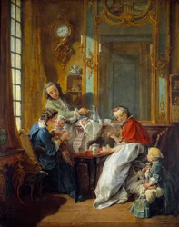 Escena de almuerzo en un interior burgués. Pintura de François Boucher (1703-1770) 1739