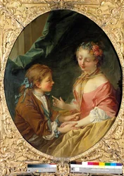 ¿De tres cosas harás una? Escena galante. Pintura de François Boucher (1703-1770). 1734 Colección privada