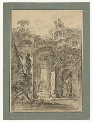 Paisaje de ruinas romanas con figuras aisladas
