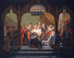 Enrique IV (1553-1610) recibiendo los atributos de la monarquía del moribundo Enrique III (1551-1589)