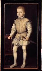 Retrato de Enrique IV de Navarra (1553-1610), niño a la edad de 4 años, durante su estancia en París con sus padres en 1557, entonces Príncipe de Navarra. Pintura de François Bunel II (circa 1552-antes de 1599). 1557. Dim. 1,25x0,64 m. Versalles, Castillos