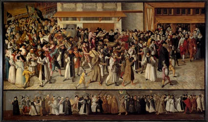 Guerras religiosas entre católicos y protestantes: Procesión de la Liga para salir de Notre Dame en la isla de La Cité en 1593