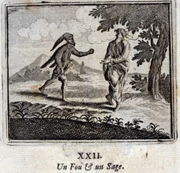 Un loco y un sabio. Fábulas de Jean de La Fontaine (1621-95). Ilustración por François Chauveau (1613-1676). Edición de 1728.