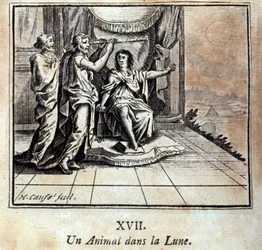Un animal en la luna. Fábulas de Jean de La Fontaine (1621-95). Ilustración de François Chauveau (1613-1676). Edición de 1728.