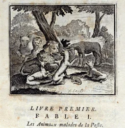 Animales enfermos de la peste. Fábulas de Jean de La Fontaine (1621-95). Ilustración por François Chauveau (1613-1676). Edición de 1728.