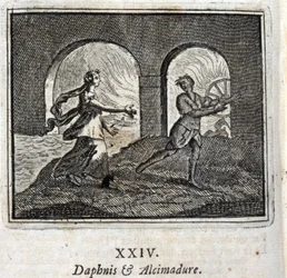 Dafnis y Alcimadura. Fábulas de Jean de La Fontaine (1621-95). Ilustración por François Chauveau (1613-1676). Edición de 1728.
