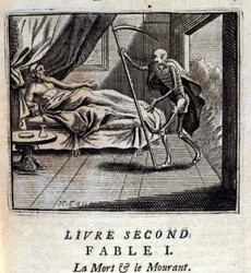 La muerte y el moribundo. Fábulas de Jean de La Fontaine (1621-95). Ilustración por François Chauveau (1613-1676). Edición de 1728.