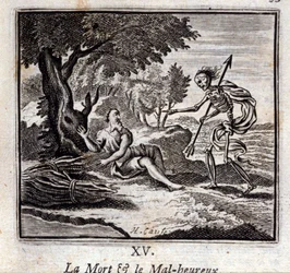 La muerte y el infeliz. Fábulas de Jean de La Fontaine. Ilustración de François Chauveau. Edición de 1728.