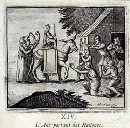 El burro cargando reliquias. Fábulas de Jean de La Fontaine (1621-95). Ilustración de François Chauveau (1613-1676). Edición de 1728.