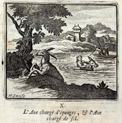 El burro cargado de esponjas y el burro cargado de sal. Fábulas de Jean de La Fontaine. Ilustración de François Chauveau. Edición de 1728.