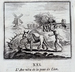 El burro con piel de león. Fábulas de Jean de La Fontaine. Ilustración de François Chauveau. Edición de 1728.