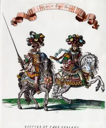 Escudero y paje persa durante el carrusel dado por el Rey Luis XIV (1639-1715) Grabado de François Chauveau (1613-1676) alrededor de 1662. Colección privada