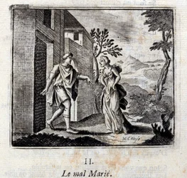 El mal se casa. Fábulas de Jean de La Fontaine (1621-95). Ilustración por François Chauveau (1613-1676). Edición de 1728.