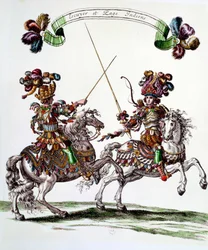 Jinete indio y paje durante el carrusel dado por el rey Luis XIV (1638-1715) en 1662 en las Tullerías para celebrar el nacimiento del Delfín. Grabado por François Chauveau (1613-1676) siglo XVII