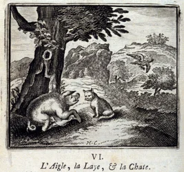 El águila, la jabalina y la gata. Fábulas de Jean de La Fontaine. Ilustración de François Chauveau. Edición de 1728.