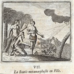 El ratón metamorfoseado en niña. Fábulas de Jean de La Fontaine (1621-95). Ilustración de François Chauveau (1613-1676). Edición de 1728.